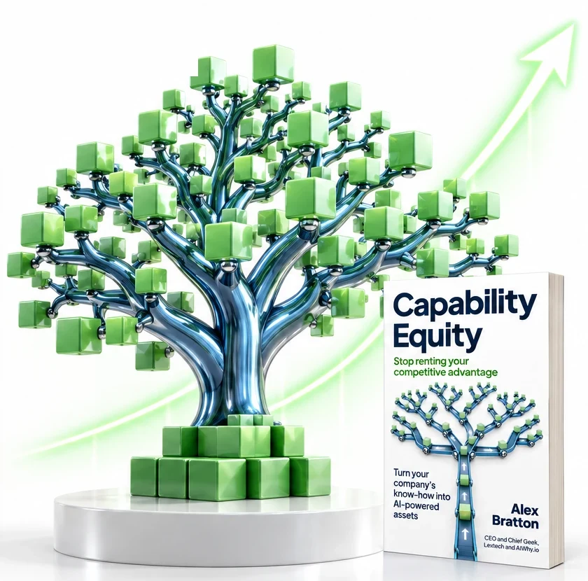 A tree with a chrome trunk and green cube leaves rising from a pedestal, beside the book Capability Equity by Alex Bratton